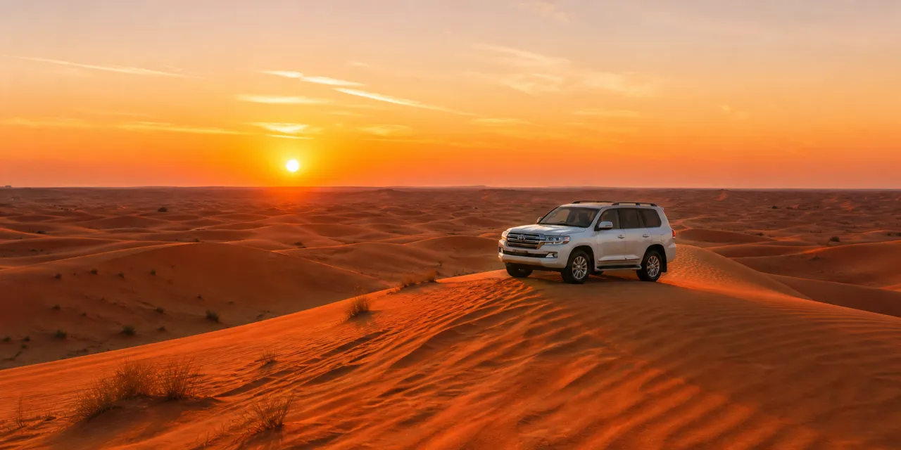 4x4 on the red dunes at sunset on the private sunset desert safari