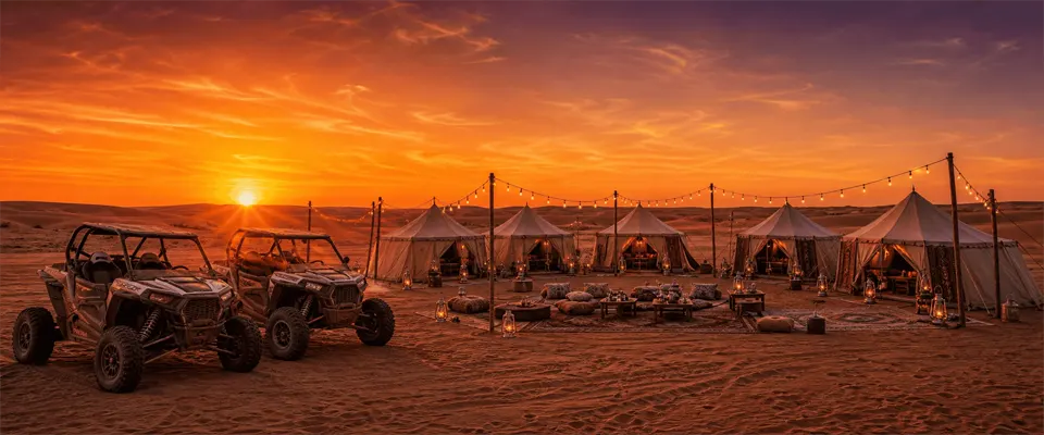 Two Polaris RZR dune buggies on red dunes at sunset on a desert safari combo