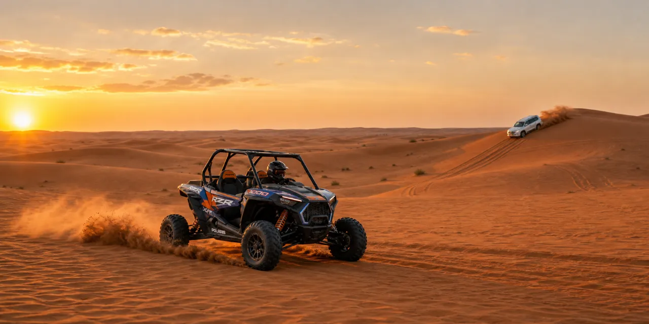 Polaris RZR dune buggy kicking up sand on the high dunes near Dubai