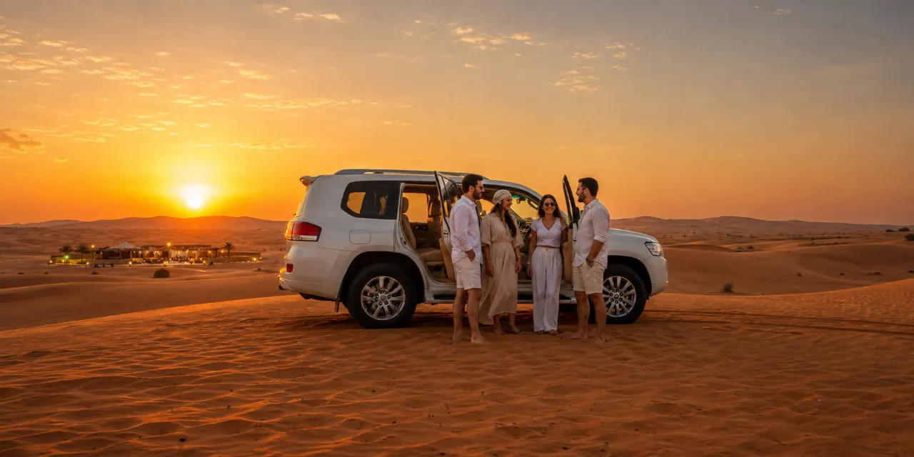 Group boarding a shared 4x4 for the standard Dubai desert safari