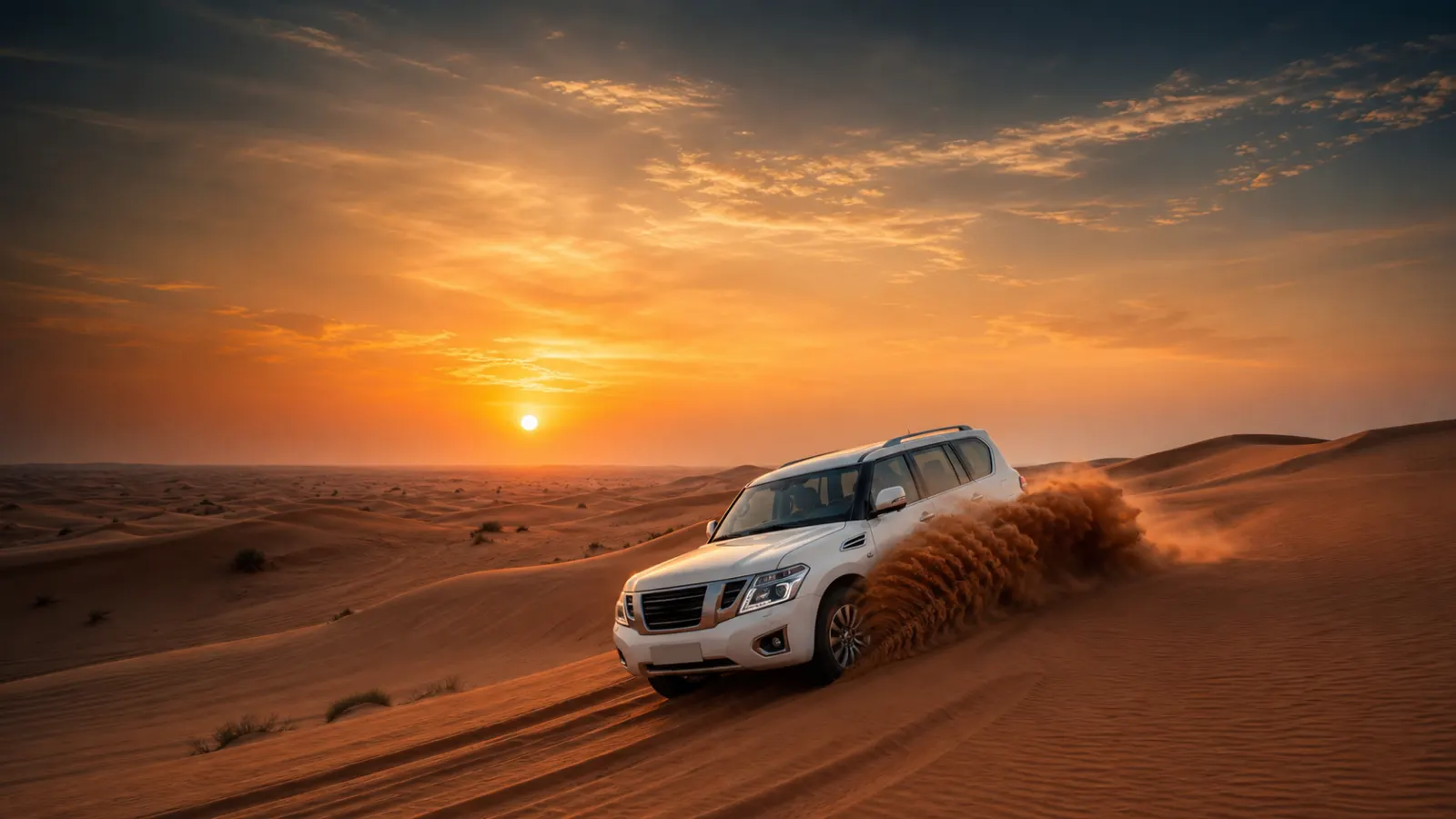 4x4 Land Cruiser dune bashing on the high red dunes outside Dubai at golden hour