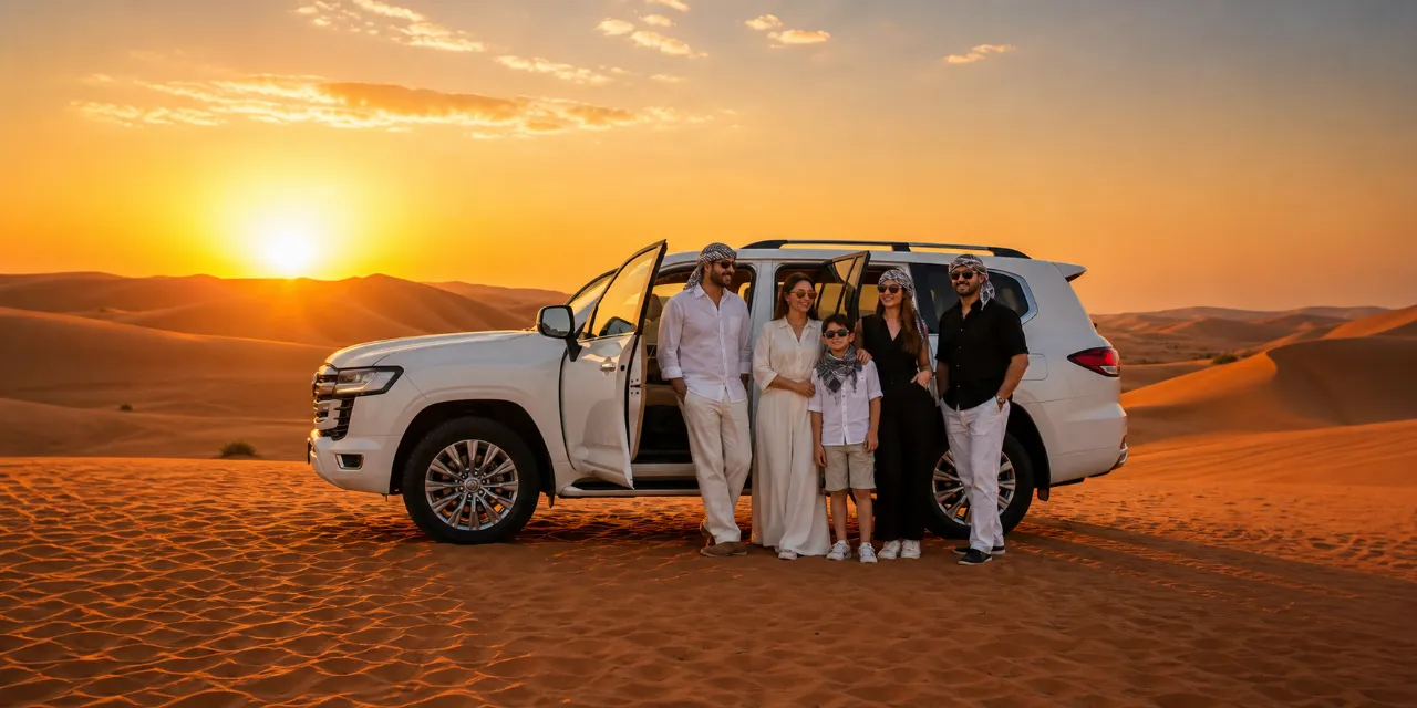 Family boarding a private Land Cruiser for an evening desert safari pickup in Dubai