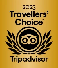 The 2023 TripAdvisor Travellers' Choice award logo, featuring an owl inside a circle with laurel leaves on a gold background.